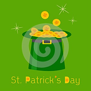 Green leprechaun hat with gold clover lucky coins