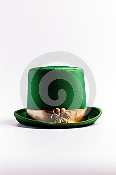 Green leprechaun top hat with gold clover shamrock on white background. St. Patrick's day concept design. AI