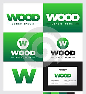 Green letter W with spruce silhouette. Wood logo. Corporate identity and business card.