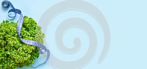 Green lettuce and centimetr on a blue background.Banner