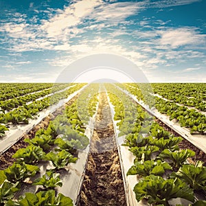 Green lettuce on field agricuture and blue sky