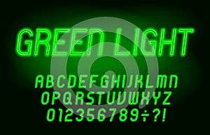 Green Light alphabet font. Neon letters, numbers and symbols.