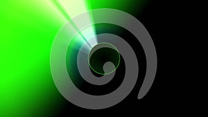 Green light beam, laser rotating on black background with copy space circle in middle. Modern loop able abstract backdrop