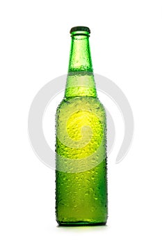 Green light beer bottle with water drops