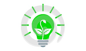 Green light bulb, flat icon. Electric lamp with rays and sprout growing inside, outline simple pictogram. Vector graphic design