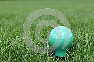 Green light bulb in grass