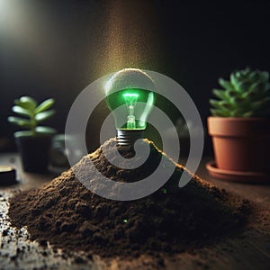 Green light bulb growing out of a mound of soil save environment