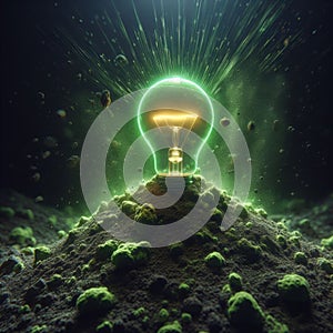 Green light bulb growing out of a mound of soil save environment