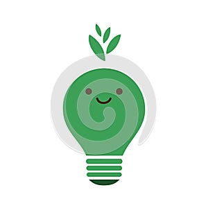 Green Light Bulb Isolated on White Background - Lightbulb Emoji with Funny Face, Emotion - Creative Concept of Idea, Green Energy