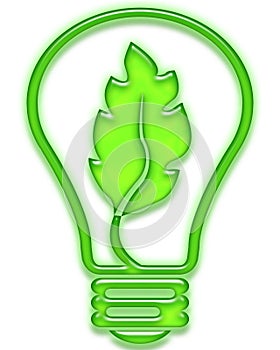 Green light bulb with leaf photo