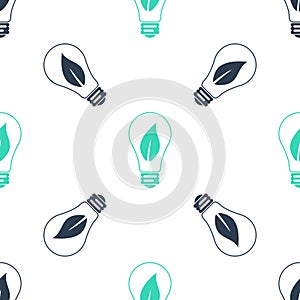 Green Light bulb with leaf icon isolated seamless pattern on white background. Eco energy concept. Vector