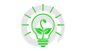 Green light bulb, linear flat icon. Electric lamp with rays and sprout growing inside, outline simple pictogram. Vector graphic