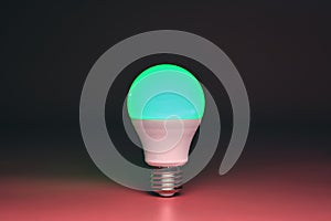 Green light bulb, modern energy saving, copy space. Minimal idea concept