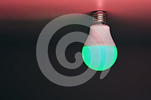 Green light bulb, modern energy saving, copy space. Minimal idea concept