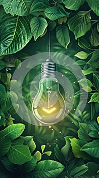 Green Light Bulb Surrounded by Leaves