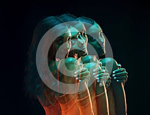Green light, fashion portrait and woman double exposure with beauty and art aesthetic. Creative neon lighting, young