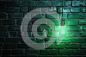 Green light is shining on a brick wall
