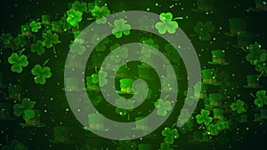 Green Light Three Leaf Clovers And Saint Patrick`s Hats With Shiny Glitter Sparkle Dust Texture