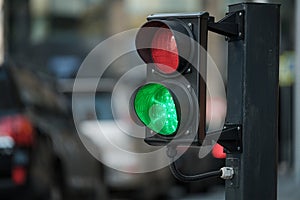 The green light is on at the two-color traffic light