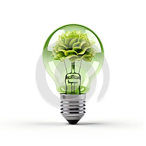 A green lightbulb cradled by vibrant leaves, evoking the harmony between innovation and the environment.