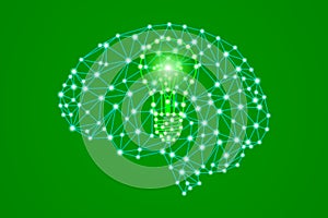 Green lightbulb sign in polygonal low poly plexus human head brain