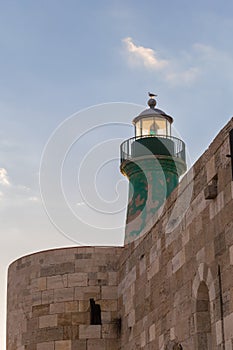 Green lighthouse in Maniace Castle Castello Maniace in Ortygia