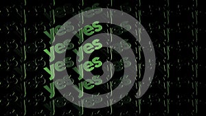 Green lights form luminous text YES flowing on black background, positive decision concept. Animation. Electric style