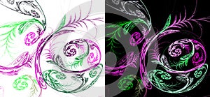 Green and lilac patterns in the form of leaves and spirals on white and black backgrounds. Collection