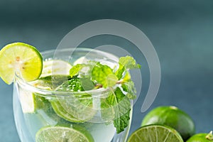 Close up of green lime juice soda with mint leaf, Fresh drink