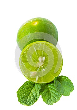 Green lime and mint leaf on white background