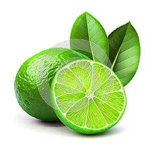 Green lime and slice with green leaves isolated on white background