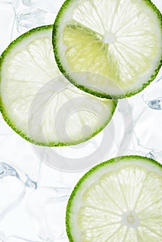 Green lime slices on the ice cubes