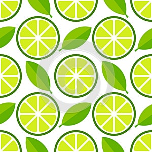 Green lime slices and leaves seamless pattern