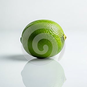 Green lime with a smooth, glossy surface placed on a reflective white background. Its