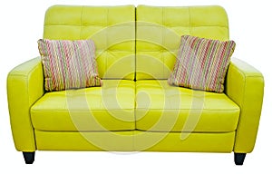 Green lime sofa with pillow. Soft lemon couch. Classic pistachio divan on isolated background
