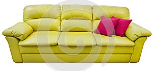 Green lime sofa with pink pillow. Soft lemon couch. Classic pistachio divan on isolated background