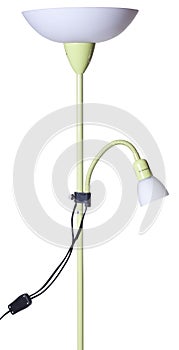 Green lime uplighter torchiere floor lamp with shade and  small reading light isolated on white background