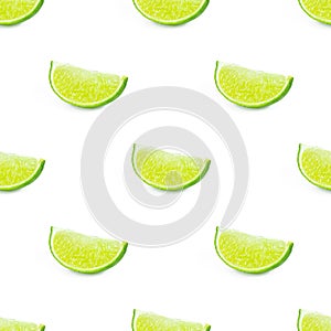 Green limes and lime slices repeat seamless pattern on white background.