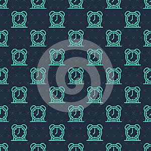 Green line Alarm clock icon isolated seamless pattern on blue background. Wake up, get up concept. Time sign. Vector