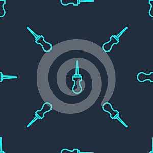 Green line Awl tool with wooden handle icon isolated seamless pattern on blue background. Work equipment tailor industry
