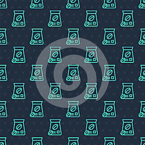 Green line Bag of coffee beans icon isolated seamless pattern on blue background. Vector