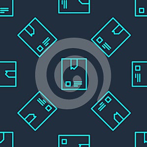 Green line Bag of coffee beans icon isolated seamless pattern on blue background. Vector Illustration