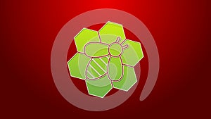 Green line Bee and honeycomb icon isolated on red background. Honey cells. Honeybee or apis with wings symbol. Flying