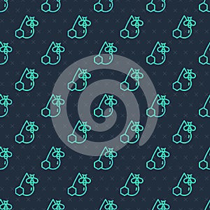 Green line Bee and honeycomb icon isolated seamless pattern on blue background. Honey cells. Honeybee or apis with wings