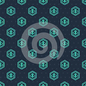 Green line Bee and honeycomb icon isolated seamless pattern on blue background. Honey cells. Honeybee or apis with wings