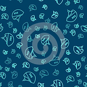 Green line Bicycle helmet icon isolated seamless pattern on blue background. Extreme sport. Sport equipment. Vector