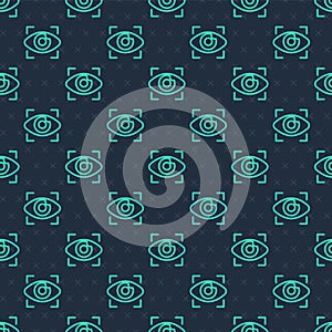 Green line Big brother electronic eye icon isolated seamless pattern on blue background. Global surveillance technology