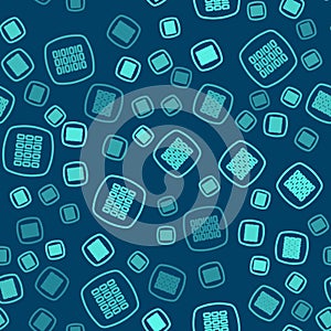 Green line Binary code icon isolated seamless pattern on blue background. Vector