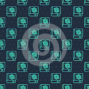 Green line Book about physics icon isolated seamless pattern on blue background. Vector