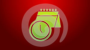 Green line Calendar and clock icon isolated on red background. Schedule, appointment, organizer, timesheet, time